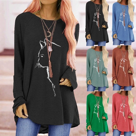 Women Casual Cat Print Long Sleeve T-Shirt Loose Round Neck Raglan Sleeve Cotton Blend High-Low Hem Top Pullover Tee