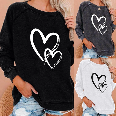 Felpa da Donna Casual con Stampa Doppio Cuore Girocollo Manica Raglan Pullover Top a Costine Misto Cotone Vestibilità Larga