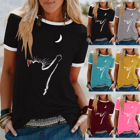 Damen Sommer Locker Ringer T-Shirt Casual Baumwollmischung Rundhals Kurzarm Top Katze Und Mond Druck Täglich Streetwear