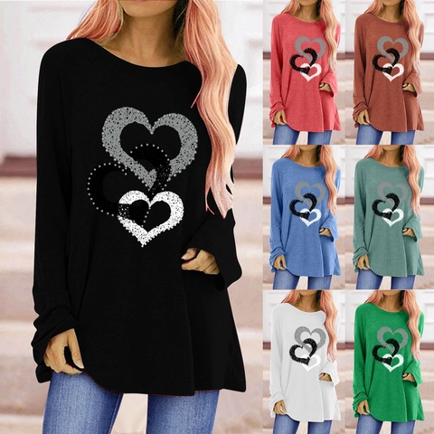 Maglietta a Maniche Lunghe Casual da Donna Girocollo Manica Raglan Stampa a Cuore Vestibilità Larga Top in Misto Cotone Regalo San Valentino