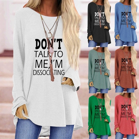 Damen Casual Baumwollmischung T-Shirt Slogan Druck Locker Langarm Rundhals Streetwear Mode Täglicher Komfort Top