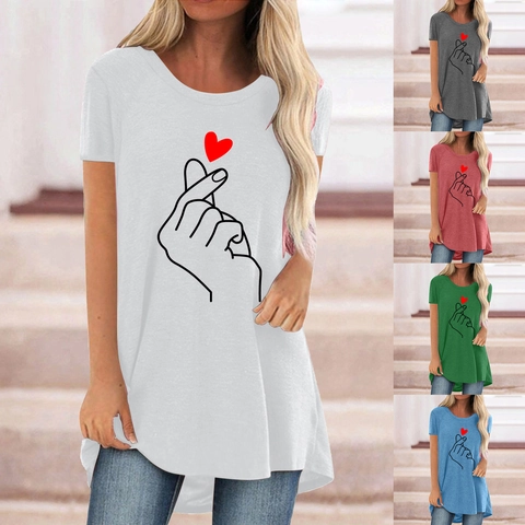 Dames Casual Katoenmix T-Shirt Vinger Hart Print Korte Mouw Ronde Hals Ruime Pasvorm Middellang Top Streetwear