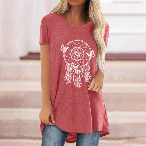 Camiseta de Mujer Casual Largo Medio Estampado Atrapasueños Mariposa Cuello Redondo Manga Corta Mezcla Algodón