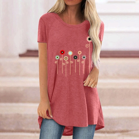 Camiseta de Manga Corta Con Estampado Floral para Mujer Top Casual de Cuello Redondo Ajuste Holgado De Poliéster Talla Grande Verano
