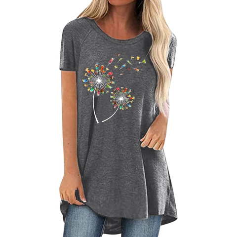 Damen Elegant Löwenzahn Cocktail Druck T-Shirt Casual Übergröße Rundhals Kurzarm Vokuhila-Saum Streetwear Top
