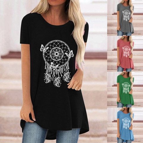 Camiseta de Mujer Casual Largo Medio Estampado Atrapasueños Mariposa Cuello Redondo Manga Corta Mezcla Algodón