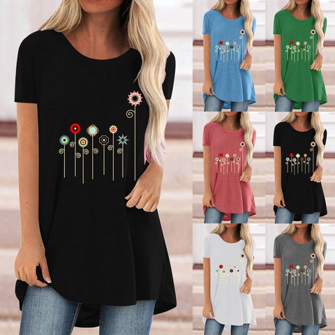 Camiseta de Manga Corta Con Estampado Floral para Mujer Top Casual de Cuello Redondo Ajuste Holgado De Poliéster Talla Grande Verano