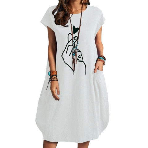 Vestido Midi Casual de Mezcla de Algodón y Lino para Mujer Manga Corta Estampado Corazón de Dedo Talla Grande Bolsillo Vestido de Verano Suelto Elegante