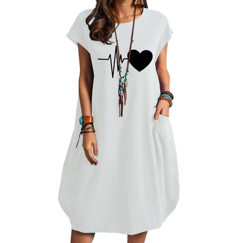 Vestido Midi Casual de Mezcla de Algodón y Lino para Mujer Manga Corta Cuello Redondo Estampado ECG Corazón Corte Holgado