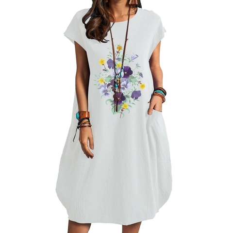 Vestito Midi da Donna Casual con Stampa Floreale in Misto Lino con Tasche Manica Corta Girocollo Largo Oversize