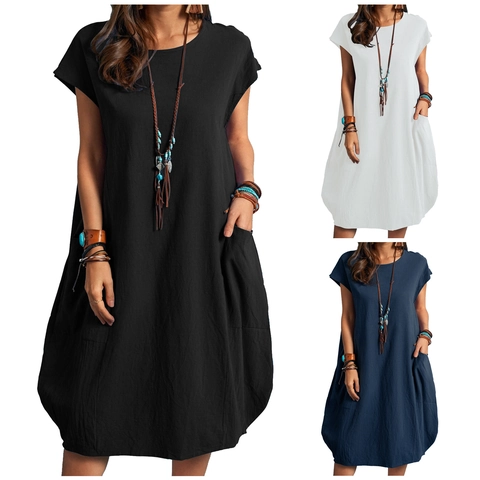 Women Elegant Short Sleeve Round Neck Midi Dress With Pockets Loose Cotton Linen Blend Solid Color Casual Style Vacation