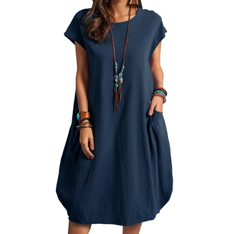Women Elegant Short Sleeve Round Neck Midi Dress With Pockets Loose Cotton Linen Blend Solid Color Casual Style Vacation