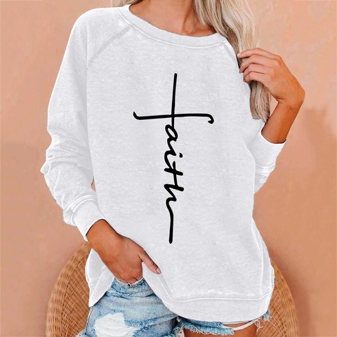 Felpa da Donna in Misto Cotone Casual Faith Stampa a Croce con Lettere Vestibilità Comoda Girocollo Manica Raglan