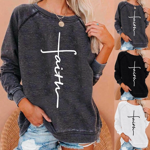 Felpa da Donna in Misto Cotone Casual Faith Stampa a Croce con Lettere Vestibilità Comoda Girocollo Manica Raglan