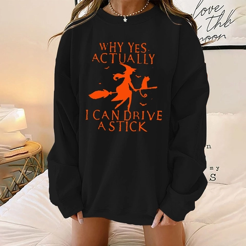 Vrouwen Halloween Heks Letter Afdrukken Sweatshirt Losse Ronde Hals Afhangende Schouder Lange Mouw Pullover Top Casual Kleding