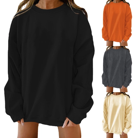 Women Casual Oversized Crew Neck Sweatshirt Drop Shoulder Long Sleeve Loose Pullover Solid Color Fashion Cotton Jumper Top