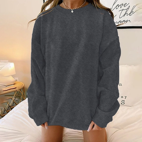 Women Casual Oversized Crew Neck Sweatshirt Drop Shoulder Long Sleeve Loose Pullover Solid Color Fashion Cotton Jumper Top