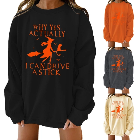 Vrouwen Halloween Heks Letter Afdrukken Sweatshirt Losse Ronde Hals Afhangende Schouder Lange Mouw Pullover Top Casual Kleding