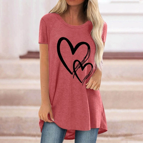 Women Casual Valentine Day Heart Print Short Sleeve T-Shirt Loose Round Neck Mid-Length Top Plus Size Cotton Blend Clothing