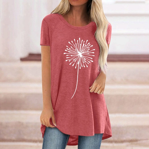 Maglietta da Donna Casual in Misto Cotone con Stampa di Dente di Leone Girocollo Manica Corta Orlo Irregolare Top Tunica Comoda