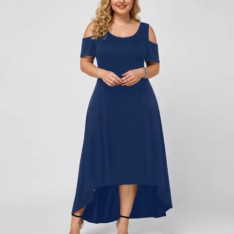 Women Plus Size Cold Shoulder Dress Casual Round Neck High Low Hem Short Sleeve Solid Color Cotton Blend Summer Maxi Dress