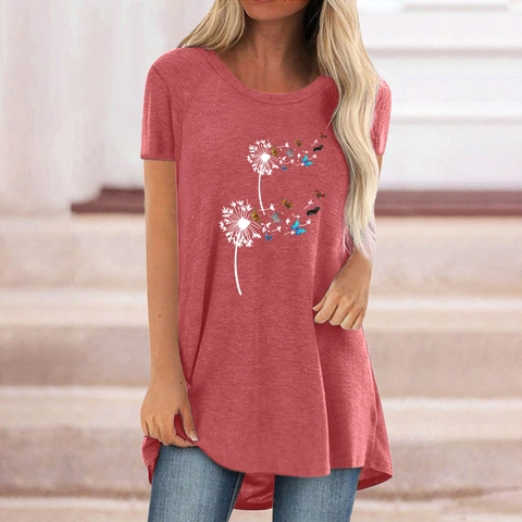 Γυναικείο Casual T-Shirt από Μείγμα Βαμβακιού Μεγάλο Μέγεθος Τύπωμα Πικραλίδα Πεταλούδα Κοντό Μανίκι Στρογγυλή Λαιμόκοψη Τοπ