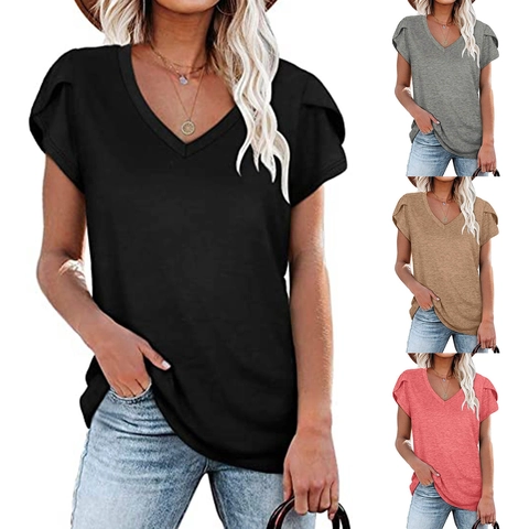 Γυναικείο Casual T-Shirt με Λαιμόκοψη V και Μανίκια Πέταλα Μονόχρωμο Μείγμα Βαμβακιού Κοντό Μανίκι Καλοκαιρινό Τοπ