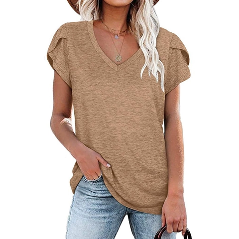 Γυναικείο Casual T-Shirt με Λαιμόκοψη V και Μανίκια Πέταλα Μονόχρωμο Μείγμα Βαμβακιού Κοντό Μανίκι Καλοκαιρινό Τοπ