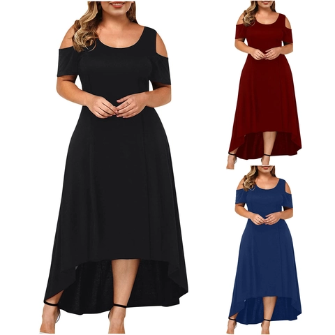 Women Plus Size Cold Shoulder Dress Casual Round Neck High Low Hem Short Sleeve Solid Color Cotton Blend Summer Maxi Dress