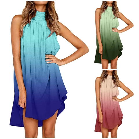 Vestido de Verano con Degradado y Cuello Halter para Mujer sin Mangas Diseño Evasé Suelto Plisado Largo Midi Vestido de Vacaciones Playa