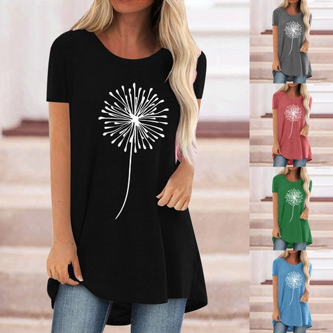 Maglietta da Donna Casual in Misto Cotone con Stampa di Dente di Leone Girocollo Manica Corta Orlo Irregolare Top Tunica Comoda