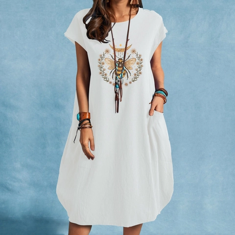Vestito Midi da Donna Casual in Misto Cotone e Lino con Stampa Floreale Ape Margherita Manica Corta Girocollo con Tasche Boho