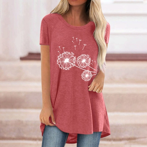 Women's Casual Dandelion Print T-Shirt Round Neck Short Sleeve Plus Size Mid-Length Tunic Top Cotton Blend