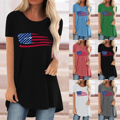 Damen US Flagge Druck T-Shirt Baumwollmischung Kurzarm Rundhals High-Low Saum Mittellang Casual Locker Patriotisches Top