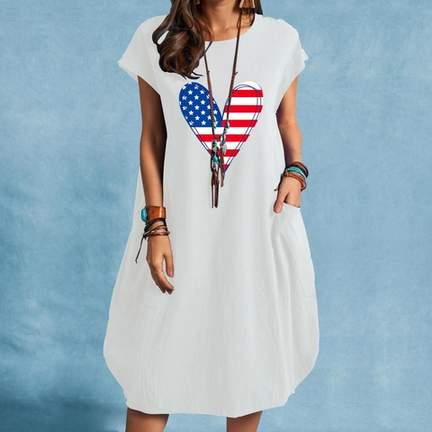 Women Casual Linen Blend Dress Heart USA Flag Print Short Sleeve Round Neck Plus Size Loose Pocket Maxi Dress Independence Day