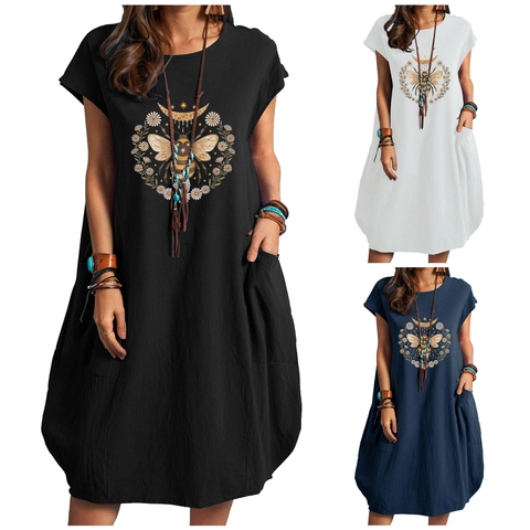 Vestito Midi da Donna Casual in Misto Cotone e Lino con Stampa Floreale Ape Margherita Manica Corta Girocollo con Tasche Boho