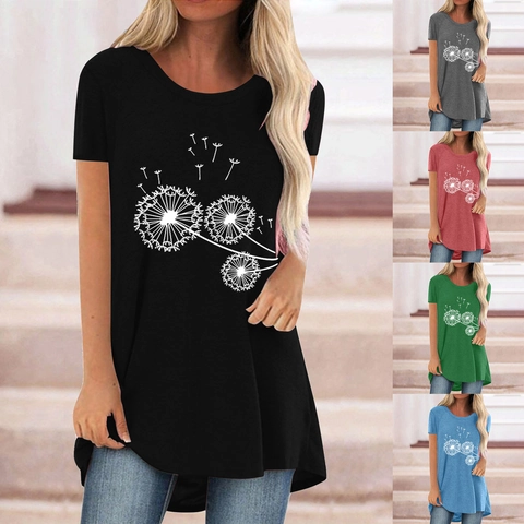 Women's Casual Dandelion Print T-Shirt Round Neck Short Sleeve Plus Size Mid-Length Tunic Top Cotton Blend