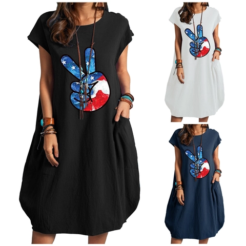 Vestido Largo Suelto de Mezcla de Lino para Mujer Estampado de Bandera Americana Signo de la Paz Cuello Redondo Manga Corta con Bolsillos