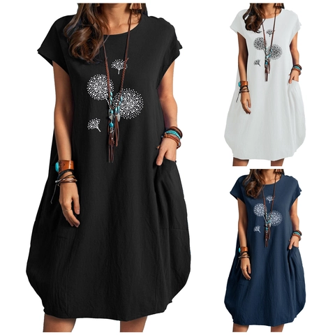 Abito Midi da Donna Casual in Misto Lino a Maniche Corte con Girocollo e Tasche Stampa a Soffione a Pois Vestito Artistico Ampio