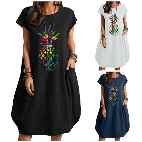 Vestido Midi de Mujer Casual en Mezcla de Algodón y Lino Manga Corta Cuello Redondo Con Bolsillos Estampado de Piña Colorido Corte Suelto Traje de Vacaciones de Verano