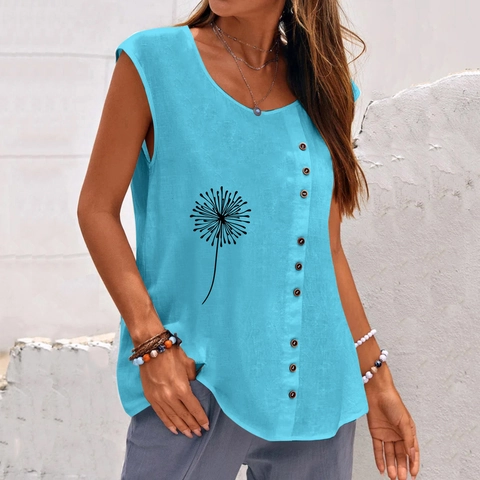 Top da Donna Smanicato con Stampa Soffione Vintage Retrò Maglietta in Cotone Lino Girocollo Largo con Bottoni Gilet Casual Estivo