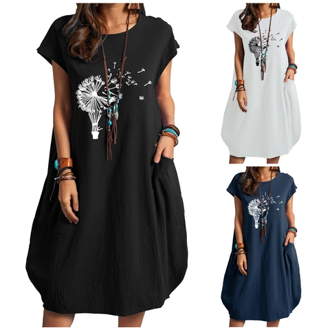 Women Casual Linen Blend Dress Dandelion Print Short Sleeve Round Neck Loose Midi Dress With Pockets Summer Bohemian Sundress
