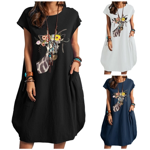 Damen Casual Giraffe Blumenmuster Leinenmischung Kleid Kurzarm Rundhals Locker Midi Kleid Mit Taschen