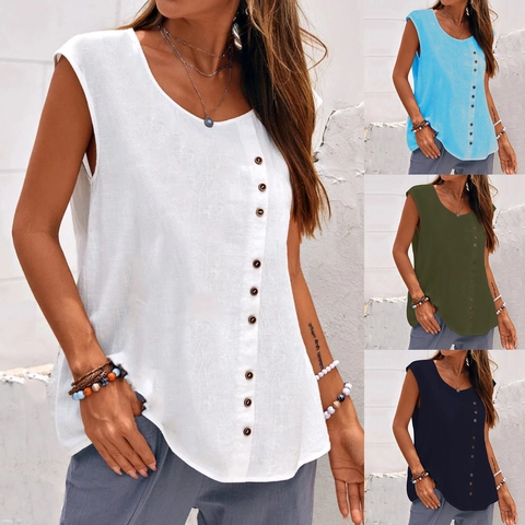 Damen Casual Baumwoll-Leinen Ärmelloses Top Retro Rundhalsausschnitt Seitliche Knöpfe Lockere Passform Sommer Einfarbig Tanktop T-Shirt