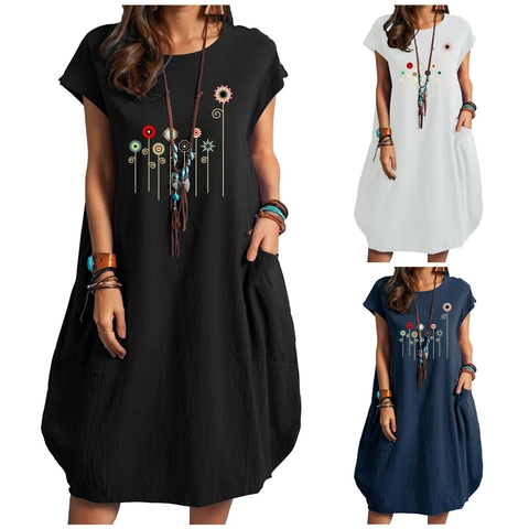 Damen Casual Baumwoll-Leinen-Mischung Midi-Kleid Mit Blumenmuster Lockere Passform Sommer Kurzarm Kleid Mit Taschen