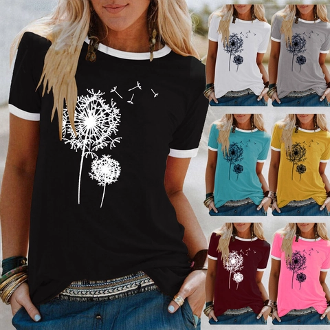 Damen Sommer Löwenzahn Print Ringer T-Shirt Kontrastbesatz Rundhals Kurzarm Casual Baumwollmischung Lockere Tops