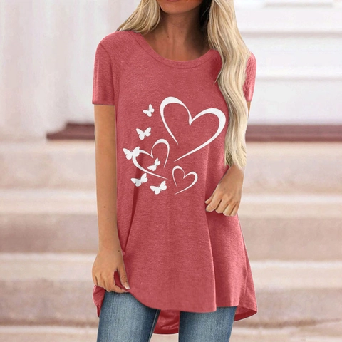 Dames Casual Ruime Halflang Ronde Hals Korte Mouw T-Shirt Vlinder Hart Print Zomer Streetwear Top