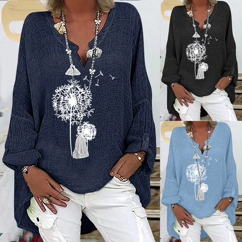 Damen Baumwolle Leinen Bluse V-Ausschnitt Löwenzahn Druck Langarm Locker Lässig Top Retro Böhmisch Hemd Für Frauen