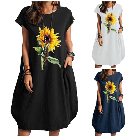 Women's Casual Sunflower Print Cotton Linen Dress Round Neck Short Sleeve Loose Midi Dress With Pockets Summer Streetwear