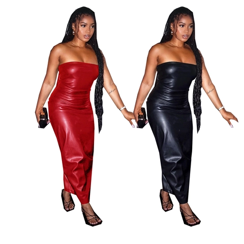 Women Sexy PU Faux Leather Maxi Dress Strapless Tube Top Bodycon Long Dress With Side Zipper Back Slit Slim Fit Night Out